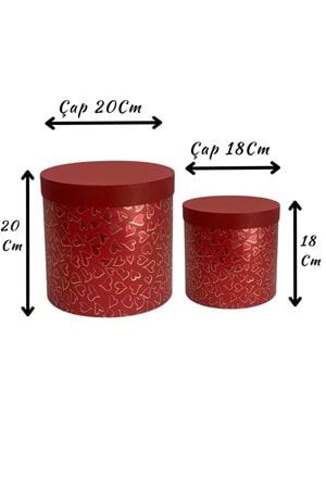 2 li Silindir Kutu Kalp Desenli Ciltbezli Çiçek Çikolata Hediye Kutusu - Kutu Modelleri - Silindir Kutular - Bordo - ÇAP 20 CM