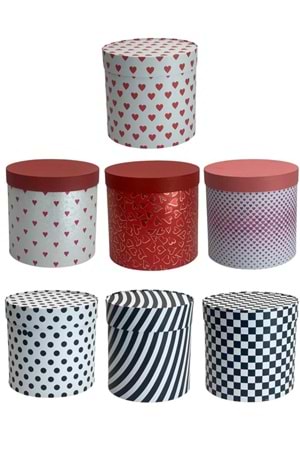 2 li Silindir Kutu Kalp Desenli Ciltbezli Çiçek Çikolata Hediye Kutusu - Kutu Modelleri - Silindir Kutular - Bordo - ÇAP 20 CM