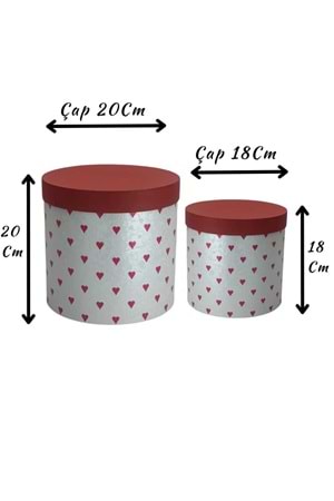 2 li Silindir Kutu Kalp Desenli Ciltbezli Çiçek Çikolata Hediye Kutusu - Kutu Modelleri - Silindir Kutular - Kırmızı - ÇAP 20 CM