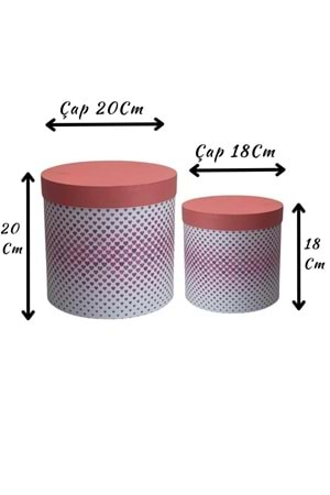 2 li Silindir Kutu Kalp Desenli Ciltbezli Çiçek Çikolata Hediye Kutusu - Kutu Modelleri - Silindir Kutular - Pembe - ÇAP 20 CM