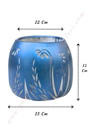 Çiçek Desenli Beton Saksı Yüsra Çap 15 Cm Yükseklik 13 Cm - Mavi