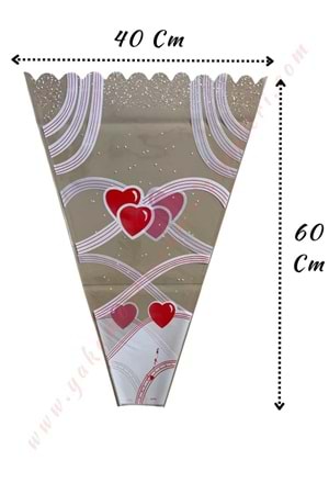 Çiçek - Buket Paketleme Poşeti Kalp Desenli 100 Adet 40*60 Cm YK-146 - Gri-Beyaz