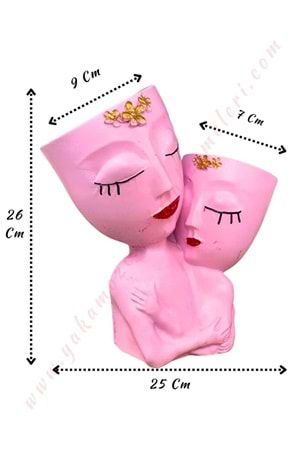 Anne Kız Çiftli Beton Skulent Saksısı - Pembe
