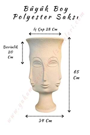 Büyük Boy Polyester Saksı Totem Yüz Kabartmalı Çap 34 Cm Yükseklik 65 Cm - Beyaz