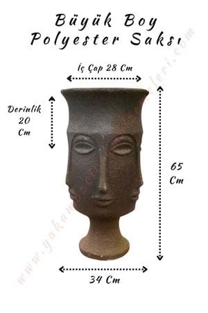 Büyük Boy Polyester Saksı Totem Yüz Kabartmalı Çap 34 Cm Yükseklik 65 Cm - Siyah