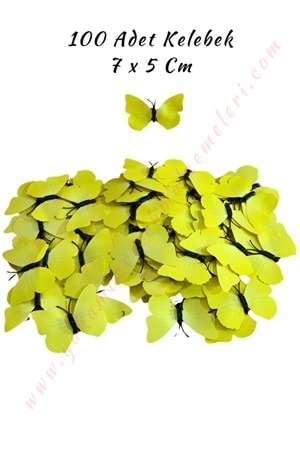 Dekor Kelebek 100 Adet Buket Teraryum Süsleme Malzemesi 7*5 Cm - Sarı
