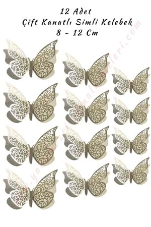 12 Adet Çift Kanatlı Simli Kelebek 3D 8 - 12 Cm - Gümüş