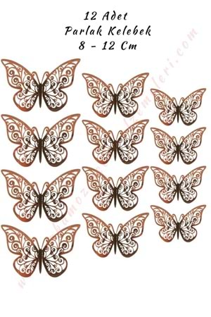 12 Adet Tek Kanatlı Parlak Kelebek 3D 8 - 12 Cm Mat - Bakır