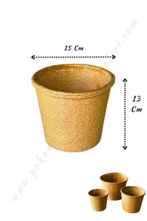 Hasır İp Sarılı Su Geçirmez Plastik Küçük Saksı Çap 15 Cm Boy 13 Cm YK-297 - Kahverengi