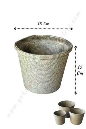 Hasır İp Sarılı Su Geçirmez Plastik Orta Saksı Çap 18 Cm Boy 15 Cm YK-298 - Gri