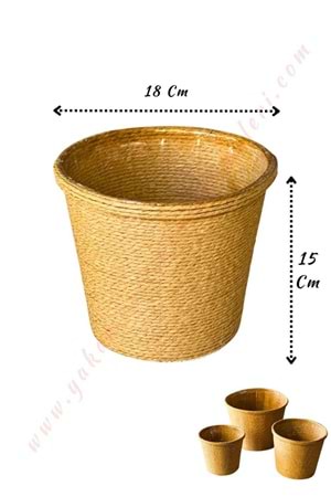 Hasır İp Sarılı Su Geçirmez Plastik Orta Saksı Çap 18 Cm Boy 15 Cm YK-298 - Kahverengi