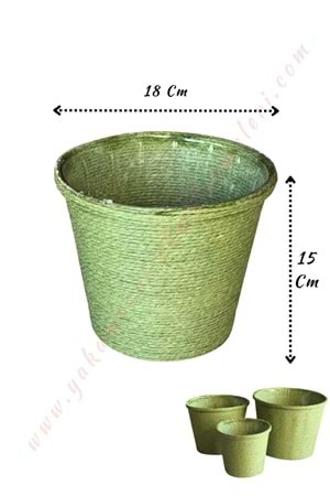 Hasır İp Sarılı Su Geçirmez Plastik Orta Saksı Çap 18 Cm Boy 15 Cm YK-298 - Yeşil