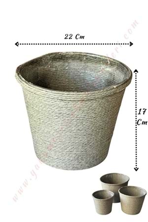 Hasır İp Sarılı Su Geçirmez Plastik Büyük Saksı Çap 22 Cm Boy 17 Cm YK-299 - Gri