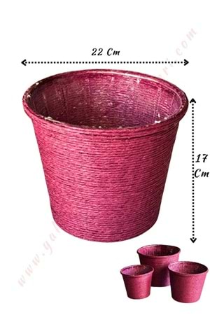 Hasır İp Sarılı Su Geçirmez Plastik Büyük Saksı Çap 22 Cm Boy 17 Cm YK-299 - Mürdüm