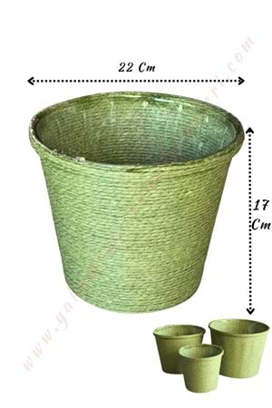 Hasır İp Sarılı Su Geçirmez Plastik Büyük Saksı Çap 22 Cm Boy 17 Cm YK-299 - Yeşil