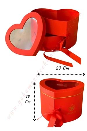 Açılabilir Bölmeli Şeffaf Kapaklı Kalp Kutu Büyük Boy 23*17 Cm YK-331 - Kırmızı