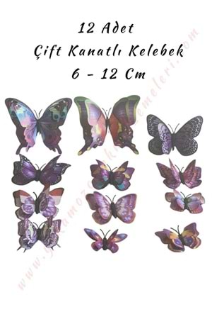 12 Adet Çift Kanatlı Kelebek Buket Teraryum Süsleme Malzemesi YK-419 YK-420 - Mor