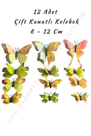 12 Adet Çift Kanatlı Kelebek Buket Teraryum Süsleme Malzemesi YK-419 YK-420 - Sarı