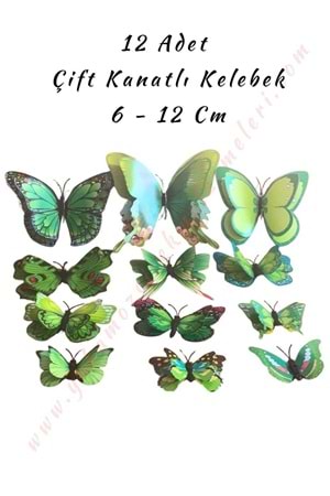 12 Adet Çift Kanatlı Kelebek Buket Teraryum Süsleme Malzemesi YK-419 YK-420 - Yeşil