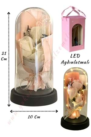 Gül Süslemeli Işıklı Fanus Hazır Tanzim Çap 10 Cm Yükseklik 21 Cm YK-434 - Beyaz