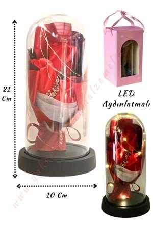 Gül Süslemeli Işıklı Fanus Hazır Tanzim Çap 10 Cm Yükseklik 21 Cm YK-434 - Kırmızı