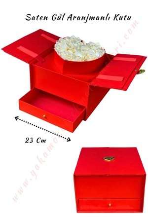 Saten Gül Aranjmanlı Asansörlü Çekmeceli Çiçek Çikolata Hediye Kutusu KUTU YK-59 - Kırmızı