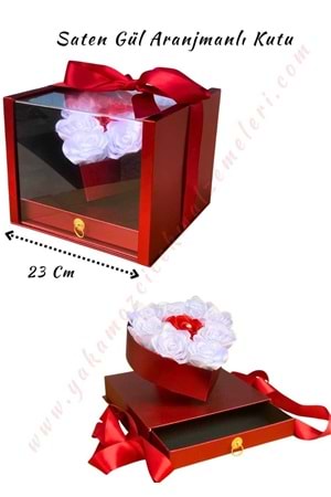Saten Gül Aranjmanlı Kapli Çekmeceli Çiçek Çikolata Hediye Kutusu Orta Boy KUTU YK-65 - Kırmızı