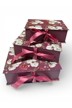 Kutu Sandık Kurdela Bağlamalı 3 lü-ithal - Bordo