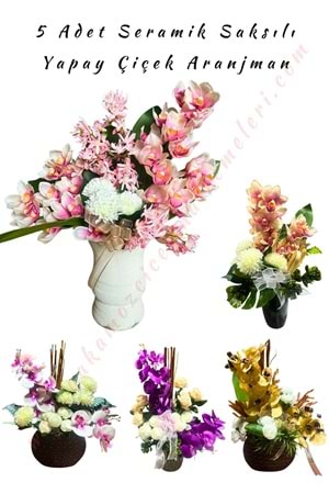 5 Adet Seramik Saksı Yapay Çiçek Aranjmanı Tanzim