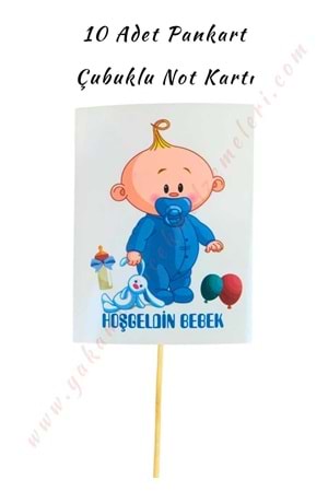 10 Adet Pankart - Çubuklu Not Kartı - Hoşgeldin Bebek - Açık Mavi