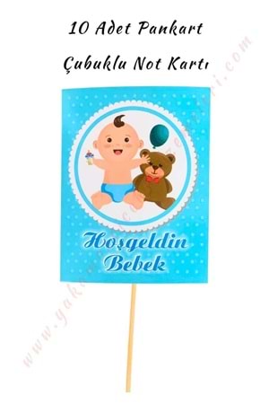 10 Adet Pankart - Çubuklu Not Kartı - Hoşgeldin Bebek - Mavi