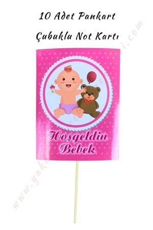 10 Adet Pankart - Çubuklu Not Kartı - Hoşgeldin Bebek - Pembe