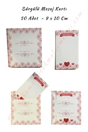 50 Adet Sürgülü Kartvizit Mesaj Kartı 9*10 Cm - Kırmızı Çiçekli