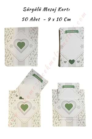 50 Adet Sürgülü Kartvizit Mesaj Kartı 9*10 Cm - Yeşil Kalpli