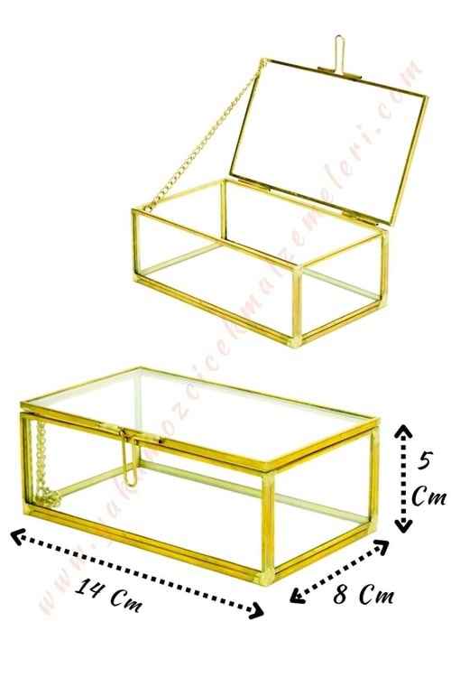 Dekoratif Mini Cam Sandık Gold Metal Çerçeveli 14*8*5 Cm YK-707