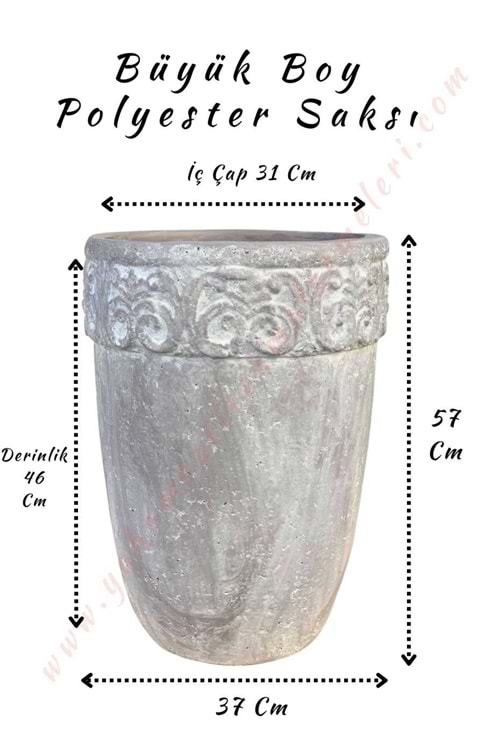 Büyük Boy Polyester Saksı Barok İşlemeli Çap 37 Cm Yükseklik 57 Cm - Gri