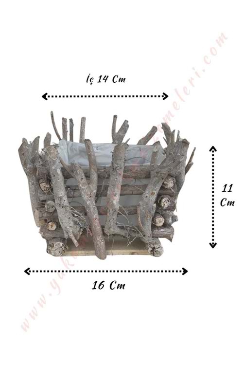Ağaç Dallarından Yapılmış Kare Sepet - Saksı - Açık Kahverengi
