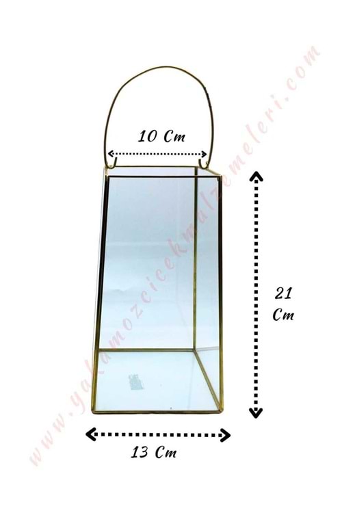 Metal Çerçeveli Dikdörtgen Prizma Fener Mumluk Kandil Küçük 13*21 Ağız Genişliği 10 Cm