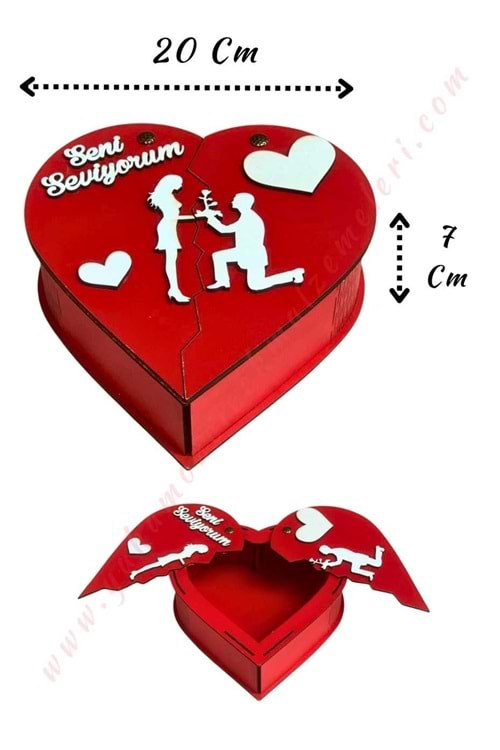 Kanatlı Ahşap Kalp Kutu 20*20*7 Cm - Kırmızı