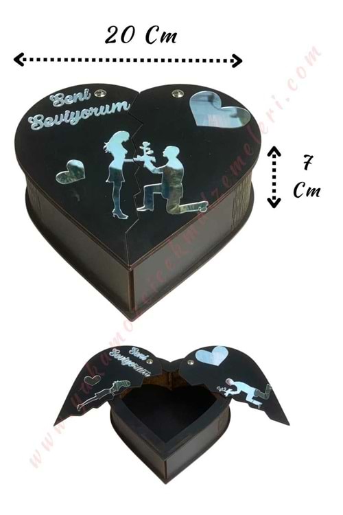 Kanatlı Ahşap Kalp Kutu 20*20*7 Cm - Siyah