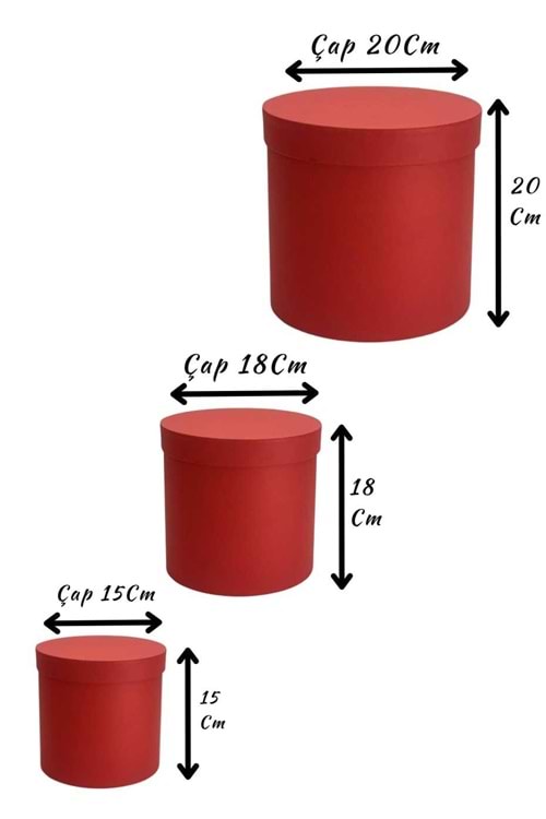3 lü Silindir Kutu Ciltbezli Çiçek Çikolata Hediye Kutusu ÇAP 20 - Kutu Modelleri - Silindir Kutular - Kırmızı - ÇAP 20 CM