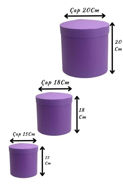 3 lü Silindir Kutu Ciltbezli Çiçek Çikolata Hediye Kutusu ÇAP 20 - Kutu Modelleri - Silindir Kutular - Mor - ÇAP 20 CM