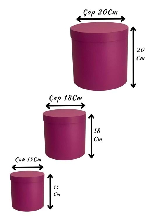 3 lü Silindir Kutu Ciltbezli Çiçek Çikolata Hediye Kutusu ÇAP 20 - Kutu Modelleri - Silindir Kutular - Pembe - ÇAP 20 CM