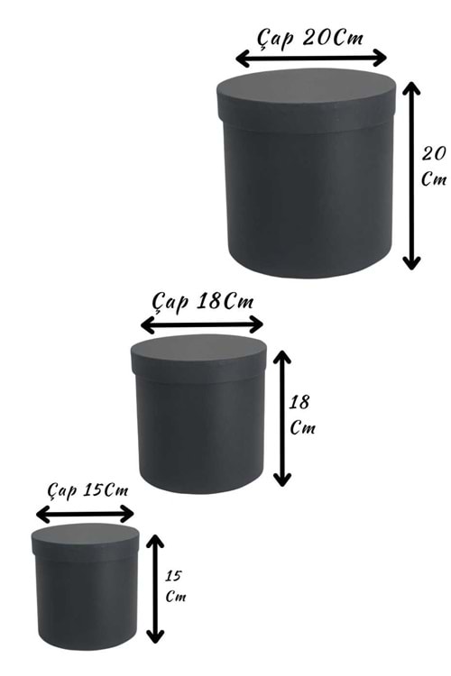 3 lü Silindir Kutu Ciltbezli Çiçek Çikolata Hediye Kutusu ÇAP 20 - Kutu Modelleri - Silindir Kutular - Siyah - ÇAP 20 CM