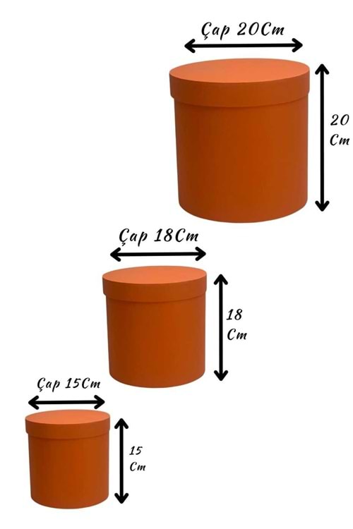 3 lü Silindir Kutu Ciltbezli Çiçek Çikolata Hediye Kutusu ÇAP 20 - Kutu Modelleri - Silindir Kutular - Turuncu - ÇAP 20 CM
