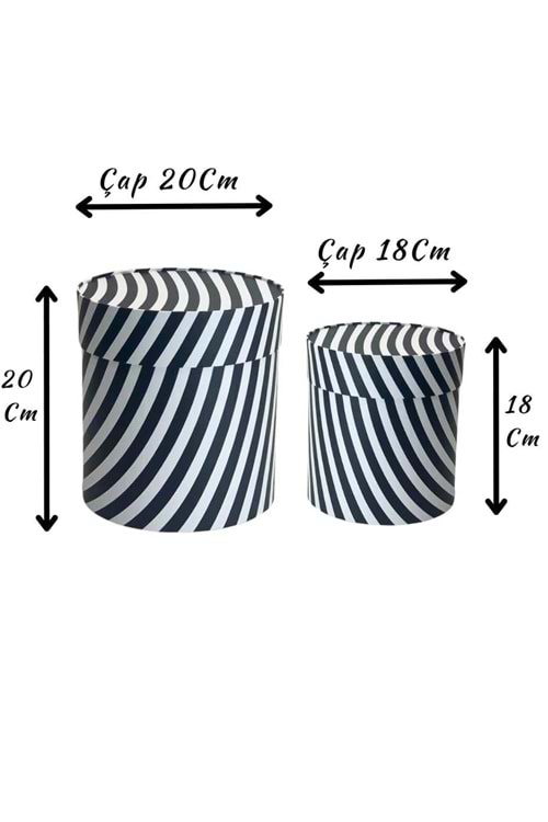 2 li Silindir Kutu Siyah-Beyaz Dalgalı Ciltbezli Çiçek Çikolata Hediye Kutusu - Kutu Modelleri - Silindir Kutular - Gri-Beyaz - ÇAP 20 CM