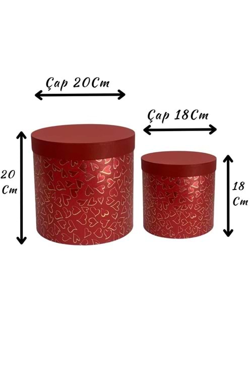 2 li Silindir Kutu Kalp Desenli Ciltbezli Çiçek Çikolata Hediye Kutusu - Kutu Modelleri - Silindir Kutular - Bordo - ÇAP 20 CM