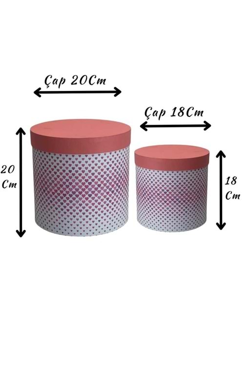 2 li Silindir Kutu Kalp Desenli Ciltbezli Çiçek Çikolata Hediye Kutusu - Kutu Modelleri - Silindir Kutular - Pembe - ÇAP 20 CM