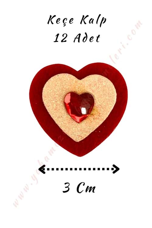 Keçe Kalp 12 Adet 3 Cm - Kırmızı