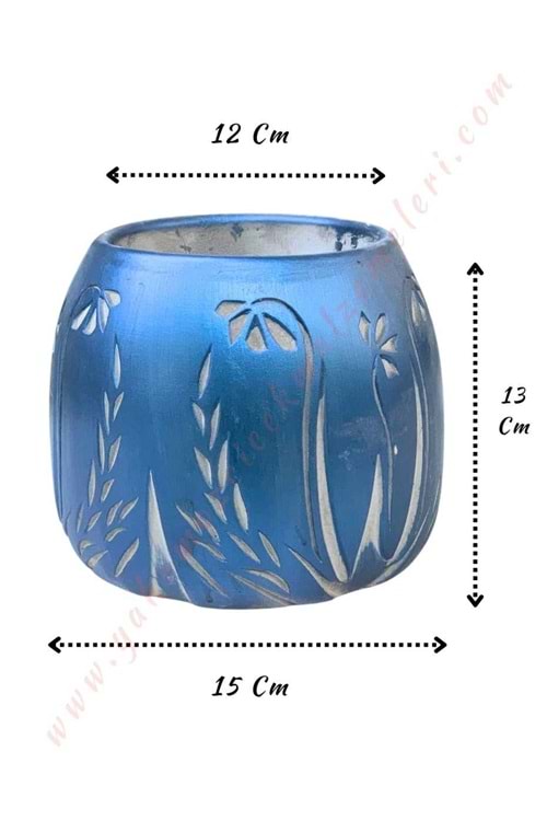 Çiçek Desenli Beton Saksı Yüsra Çap 15 Cm Yükseklik 13 Cm - Mavi